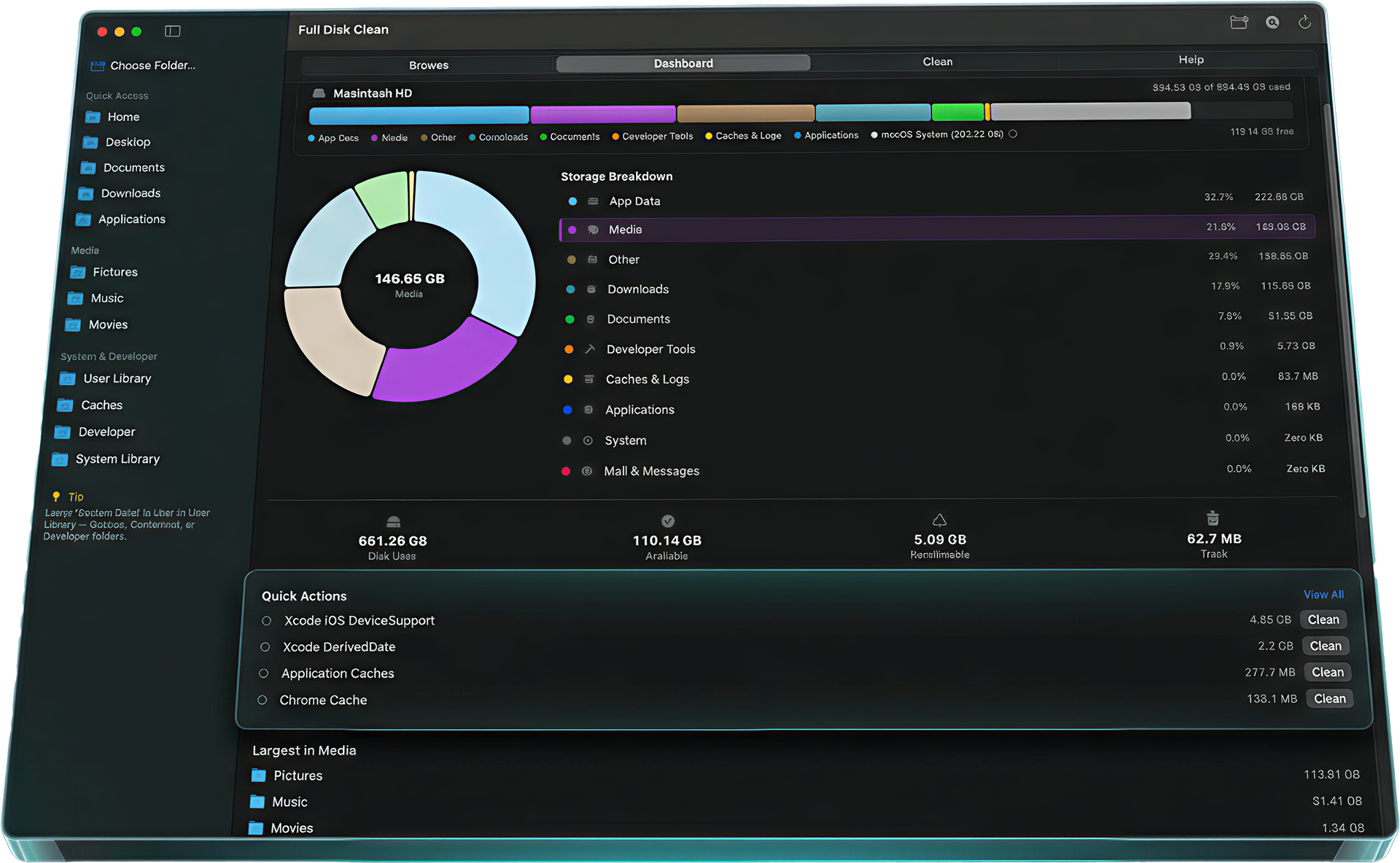 Full Disk Clean dashboard showing storage breakdown with donut chart, category sizes, and quick actions